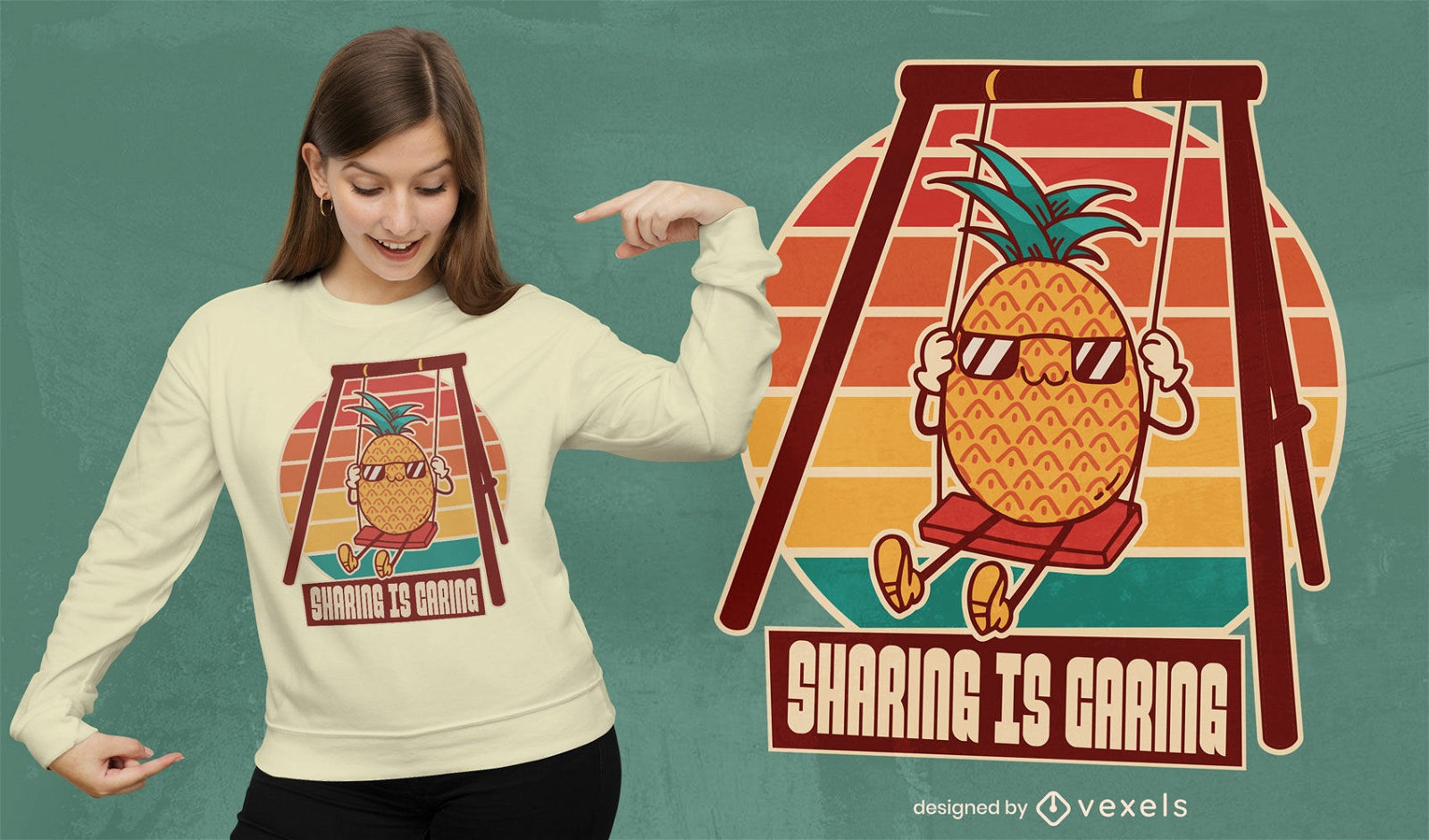 Pineapple cartoon on swing t-shirt design