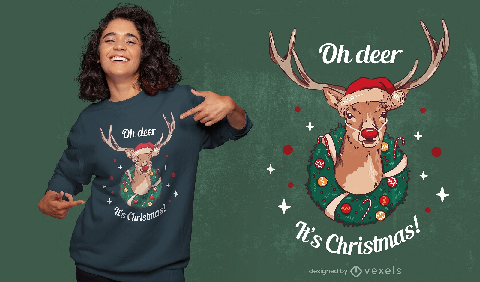 Diseño de camiseta navideña de ciervos.