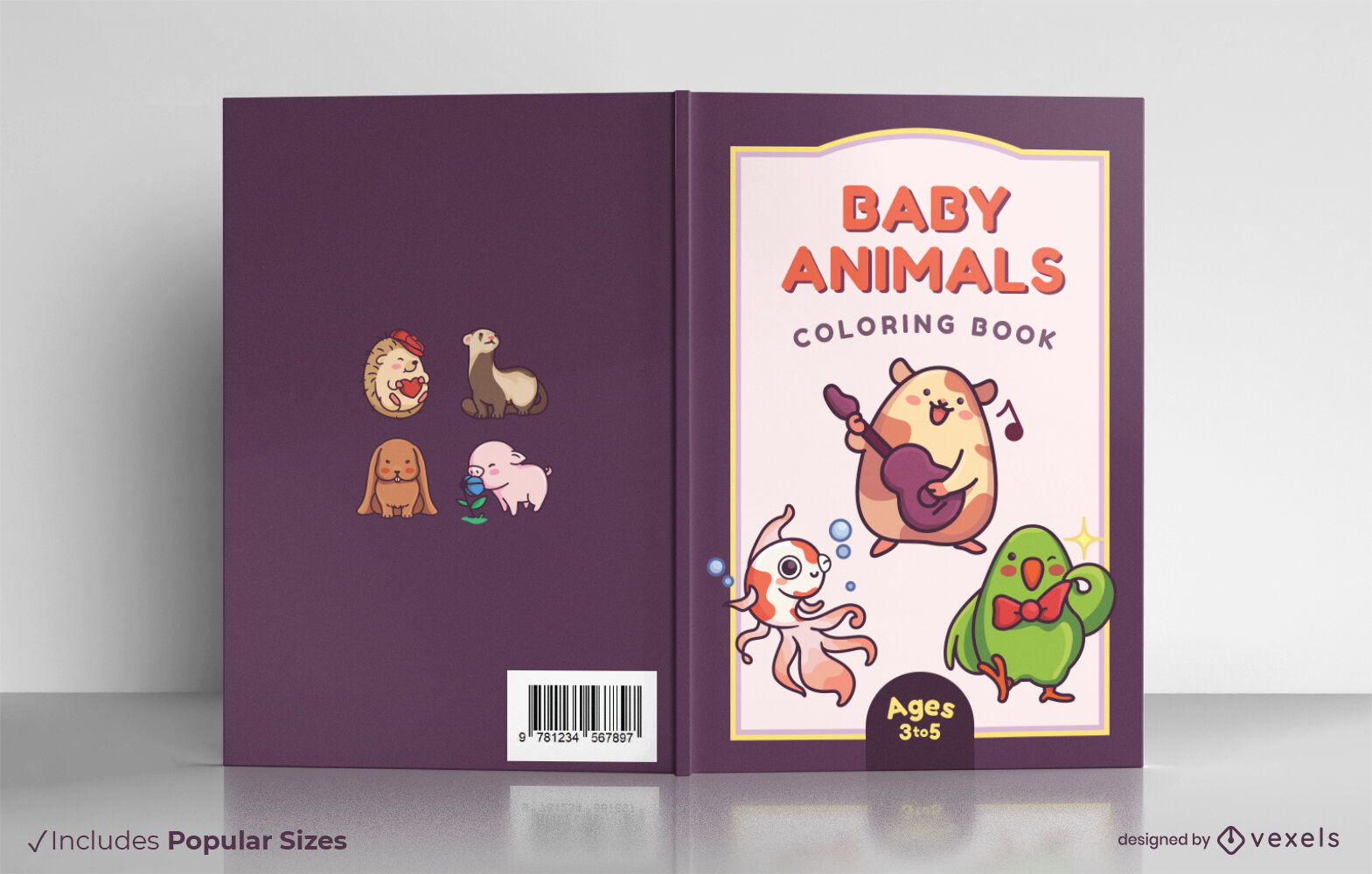 Diseño de portada de libro para colorear de músicos de animales bebés