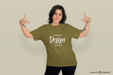 Brunette girl pointing to t-shirt mockup