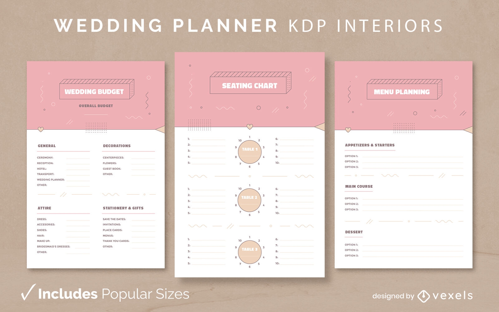 Plantilla de diario para planificador de bodas Diseño de interiores KDP