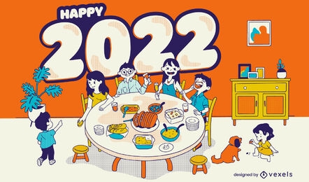 Neues Jahr Familienessen glücklich 2022 Illustration