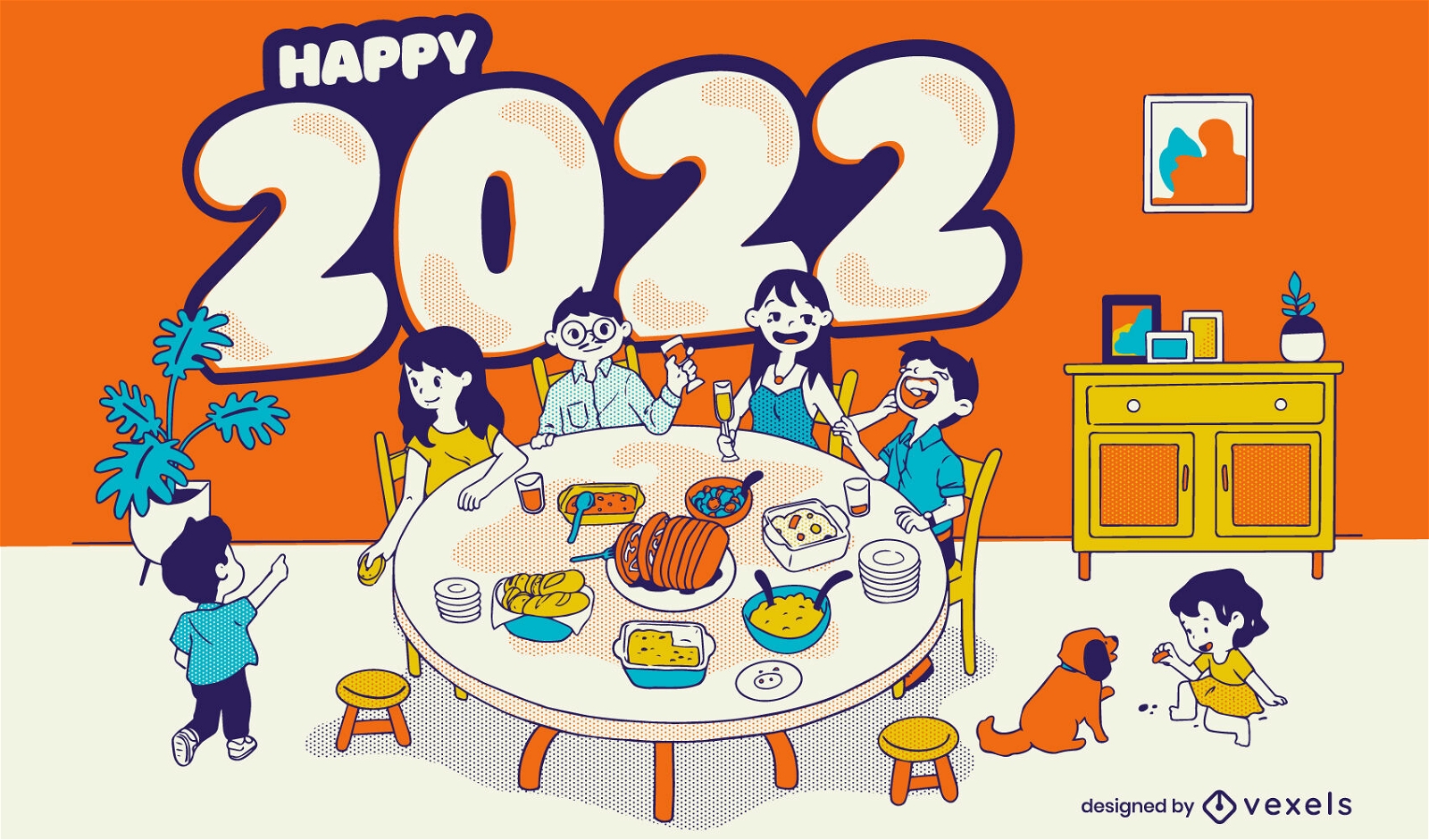 Ilustração de feliz 2022 do jantar em família de ano novo