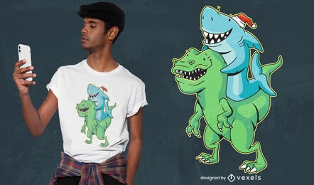 Design de camisetas de Natal de tubarão e t-rex