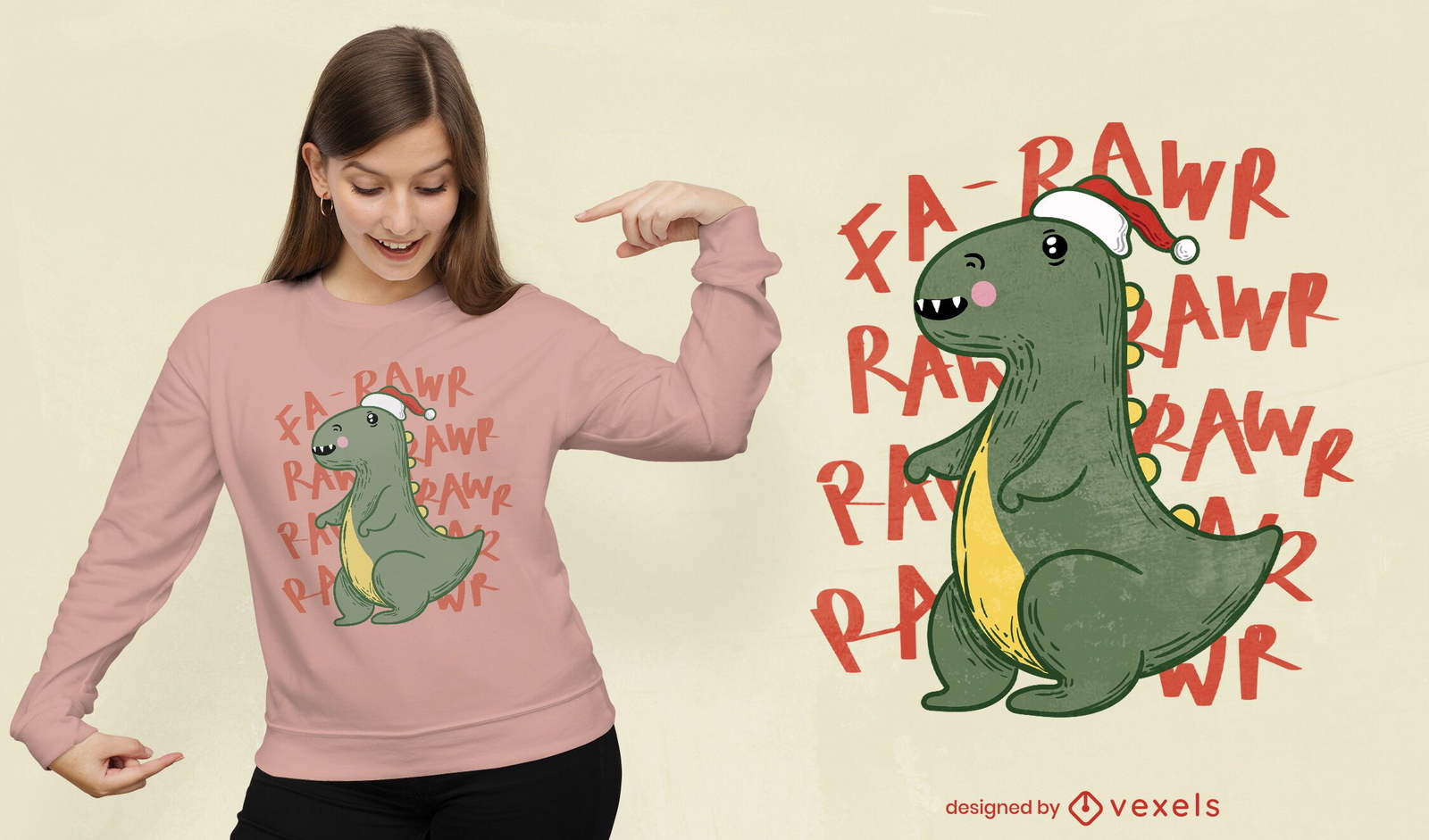 Diseño de camiseta navideña t-rex rawr