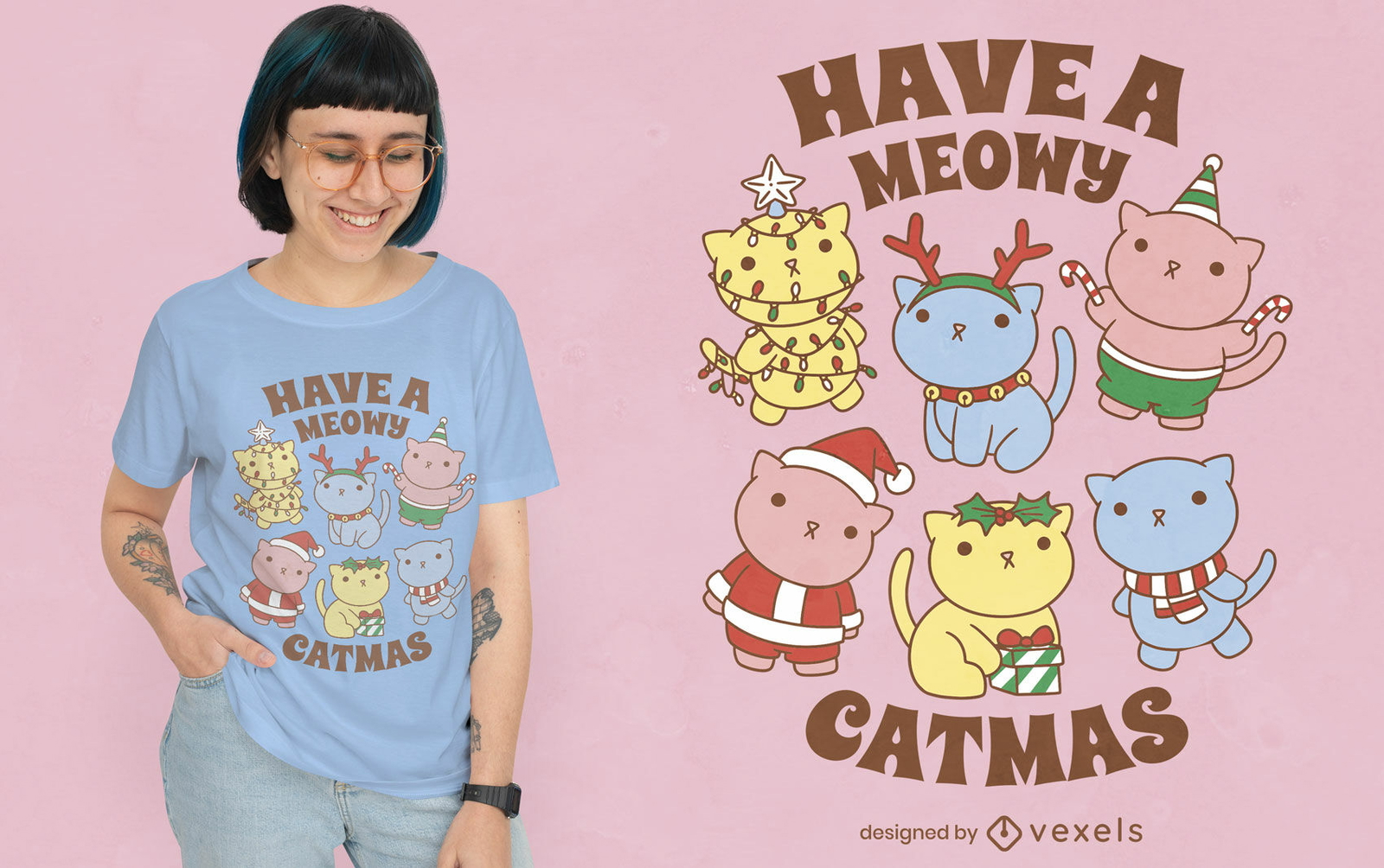 Diseño de camiseta navideña de meowy catmas