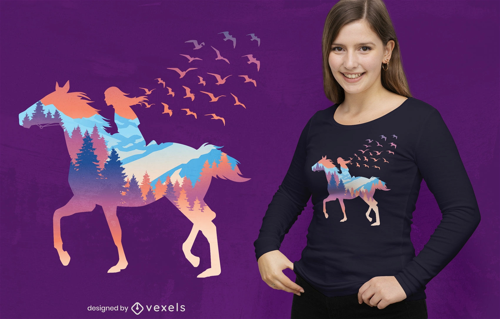 Desenho de t-shirt da floresta de menina e cavalo