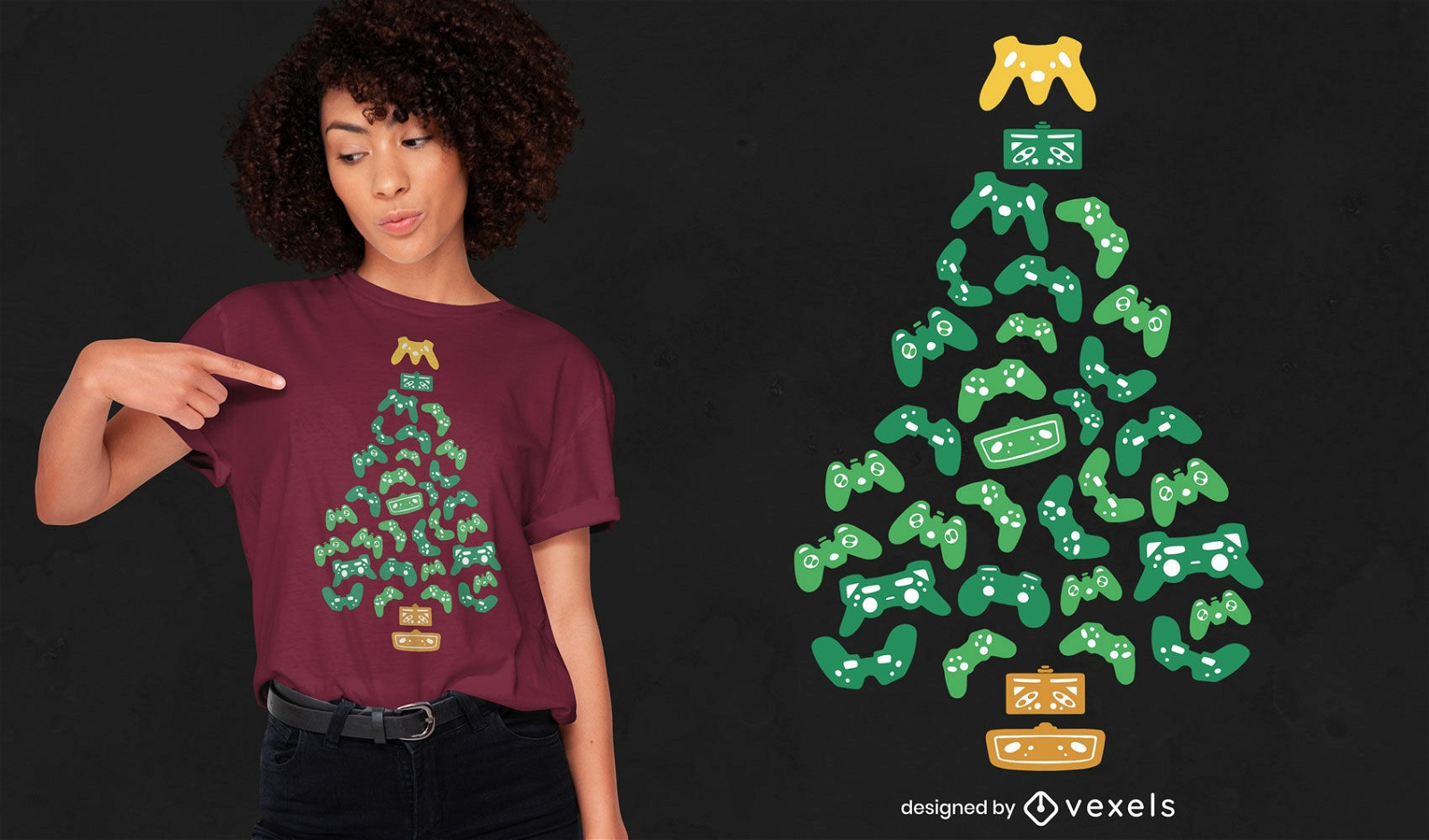 Diseño de camiseta de árbol de navidad joystics.
