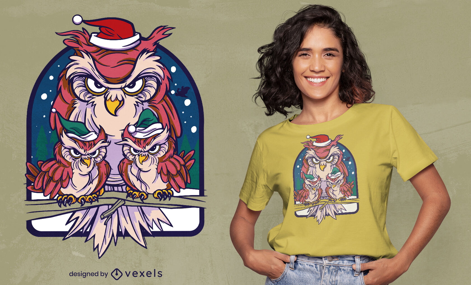 Diseño de camiseta de búhos navideños