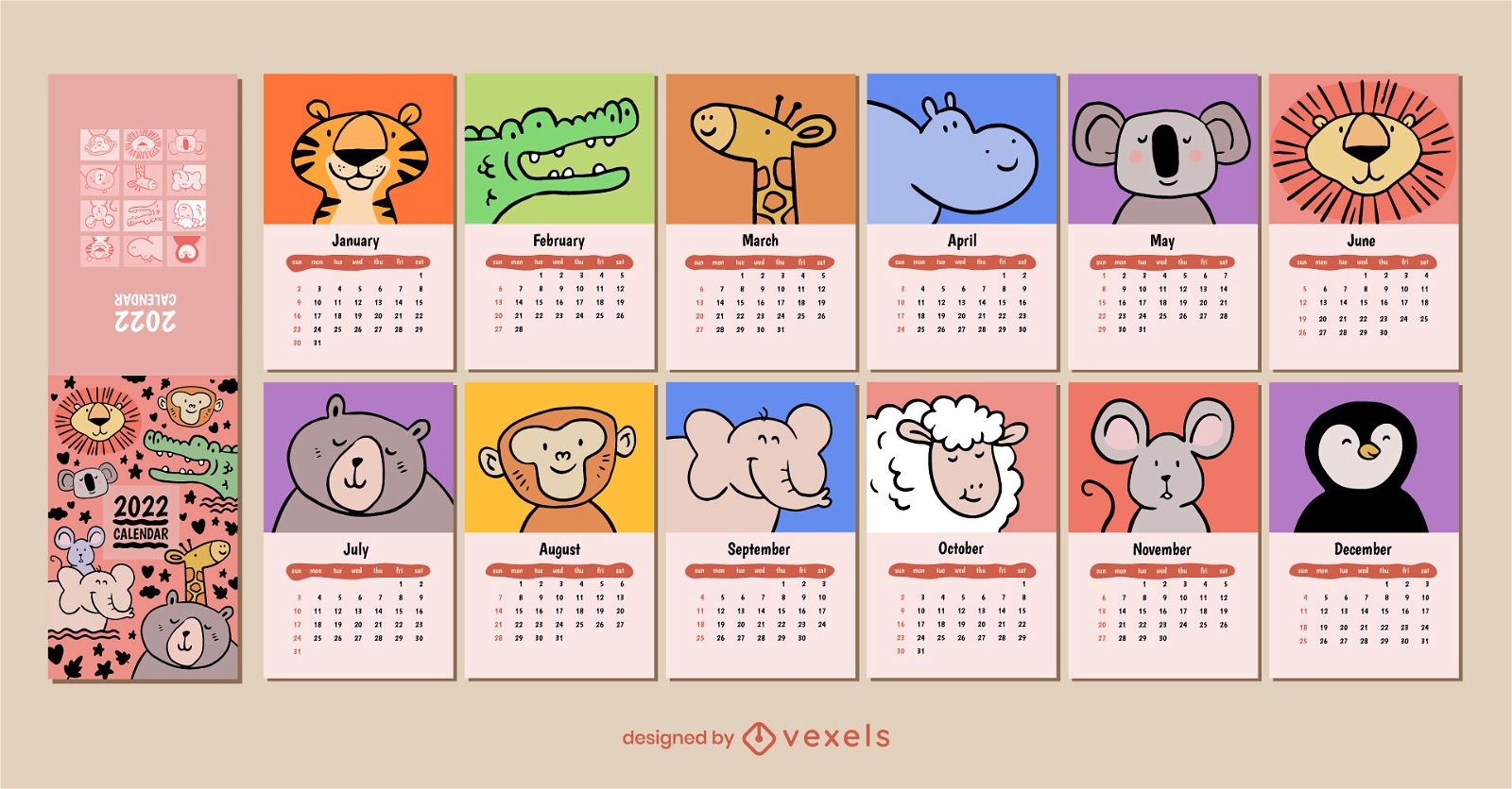 Desenhos animados do calendário de animais selvagens 2022