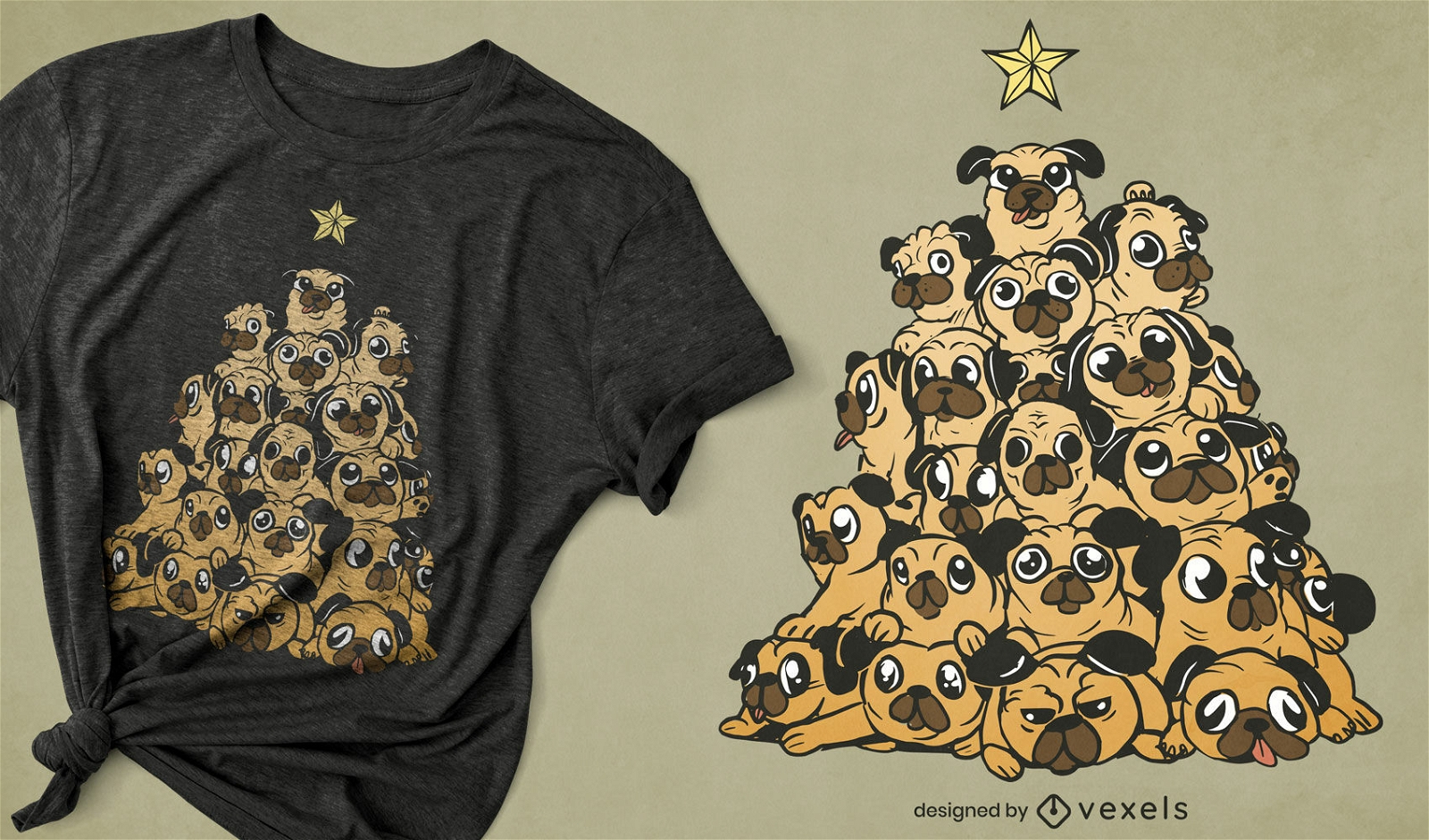 Pug dogs Christmas tree t-shirt design