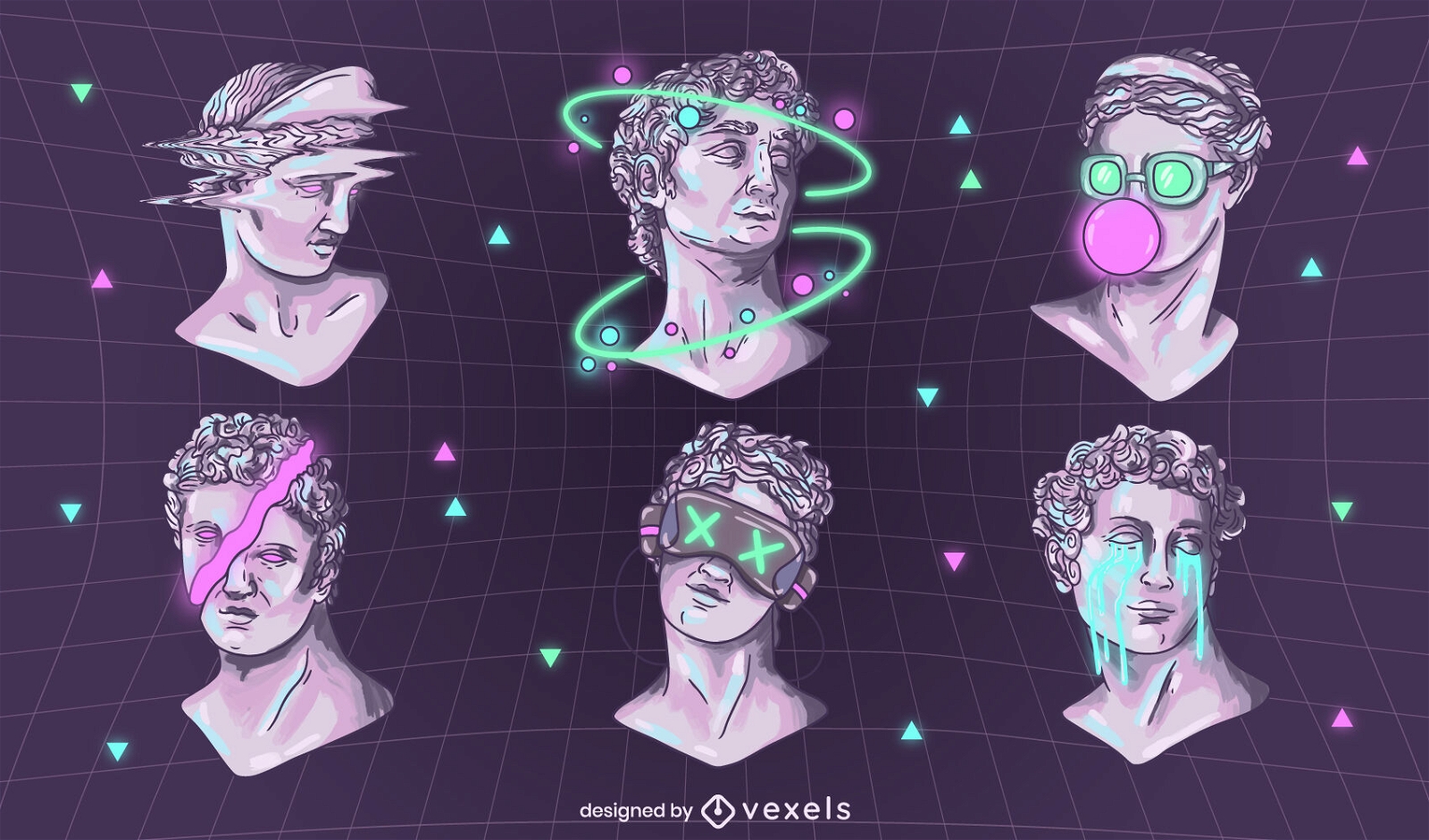 Conjunto de neon de personagens de estátuas digitais