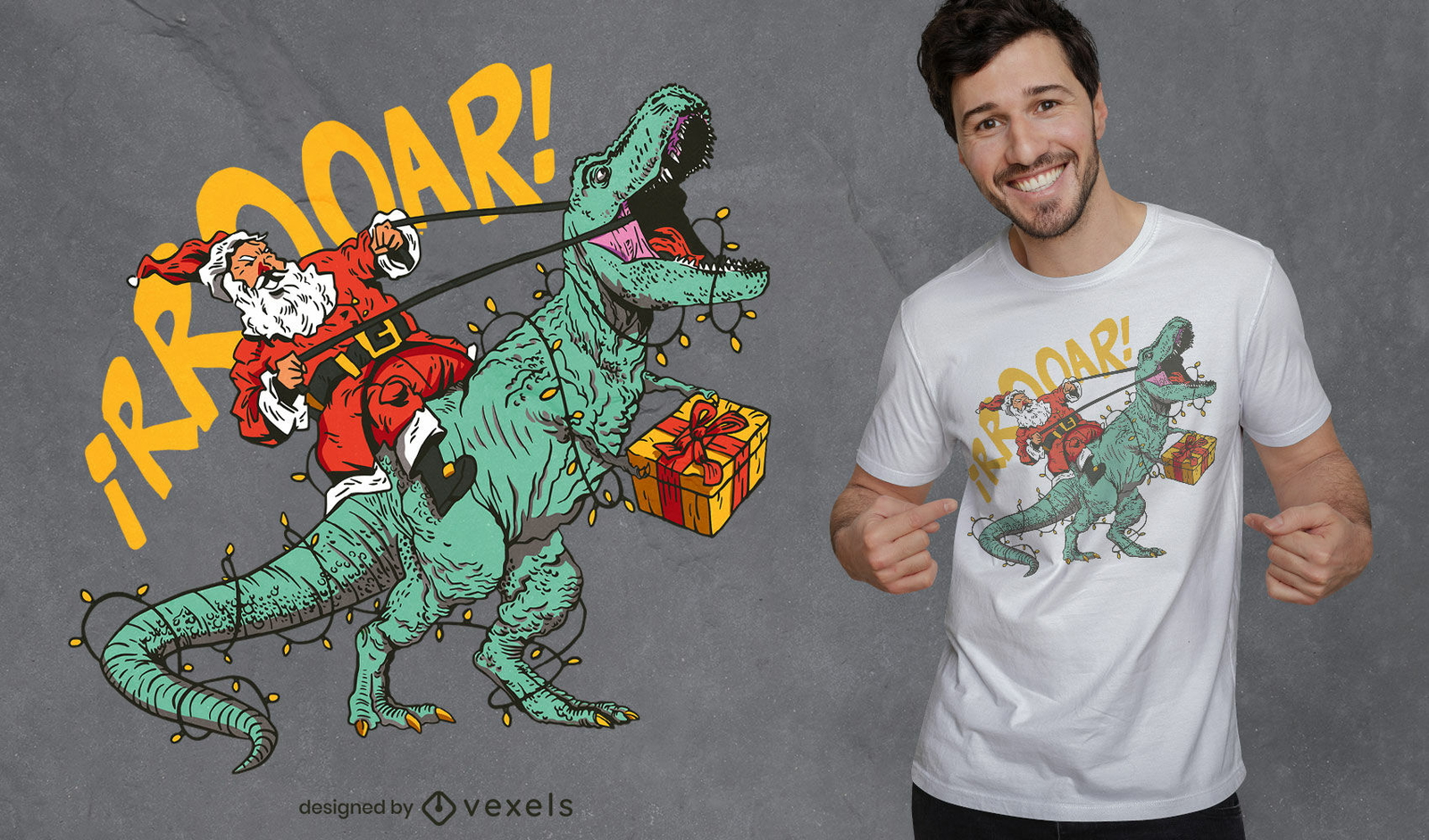 Diseño de camiseta de santa y t-rex.