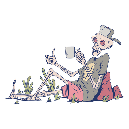 Esqueleto con gorra y sosteniendo una taza