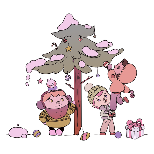 Niños decorando un árbol de navidad Diseño PNG