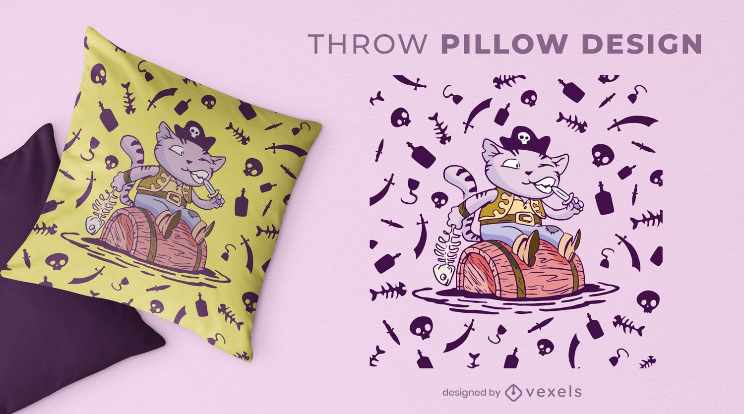 Diseño de almohada de tiro de dibujos animados de gato pirata