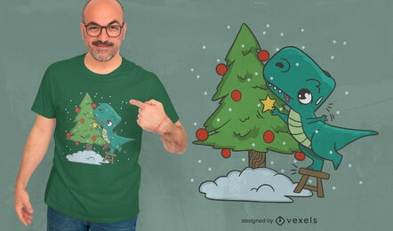 Diseño de camiseta navideña de t-rex y árbol.