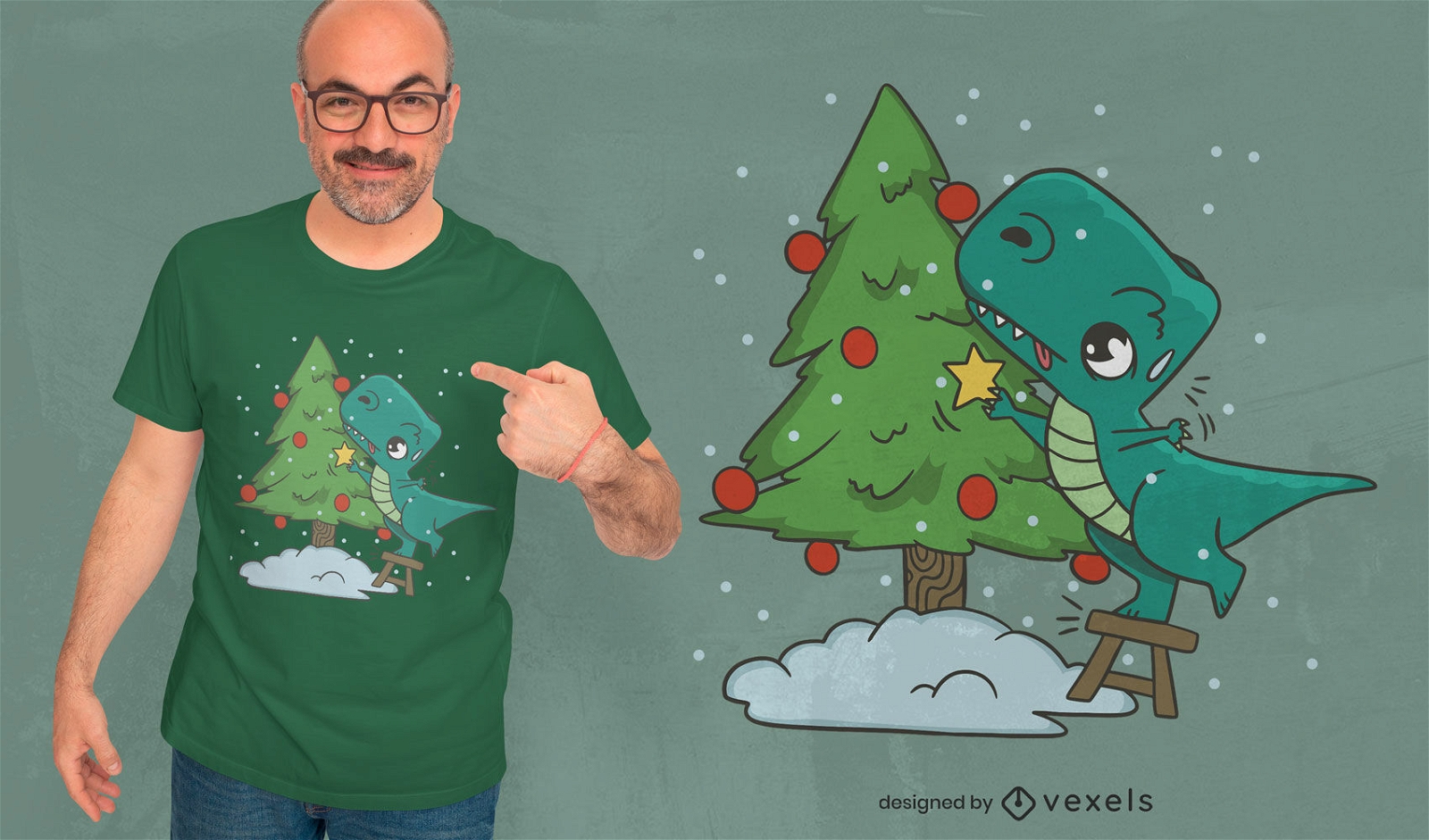 Diseño de camiseta de árbol y t-rex de navidad