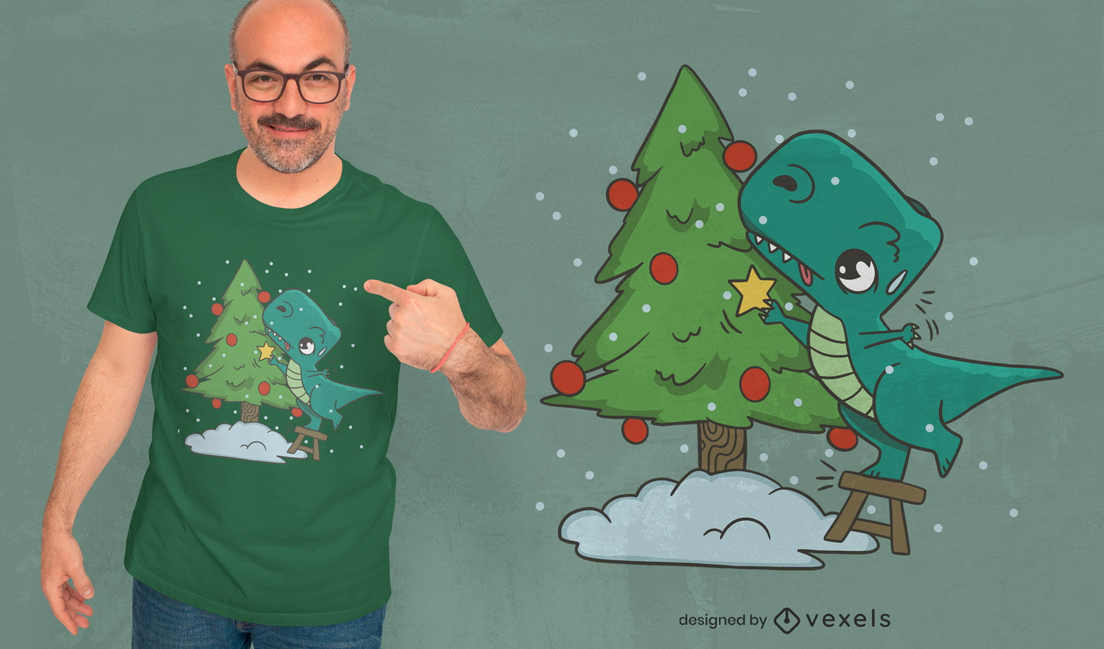 T-rex de Natal e design de camiseta de árvore