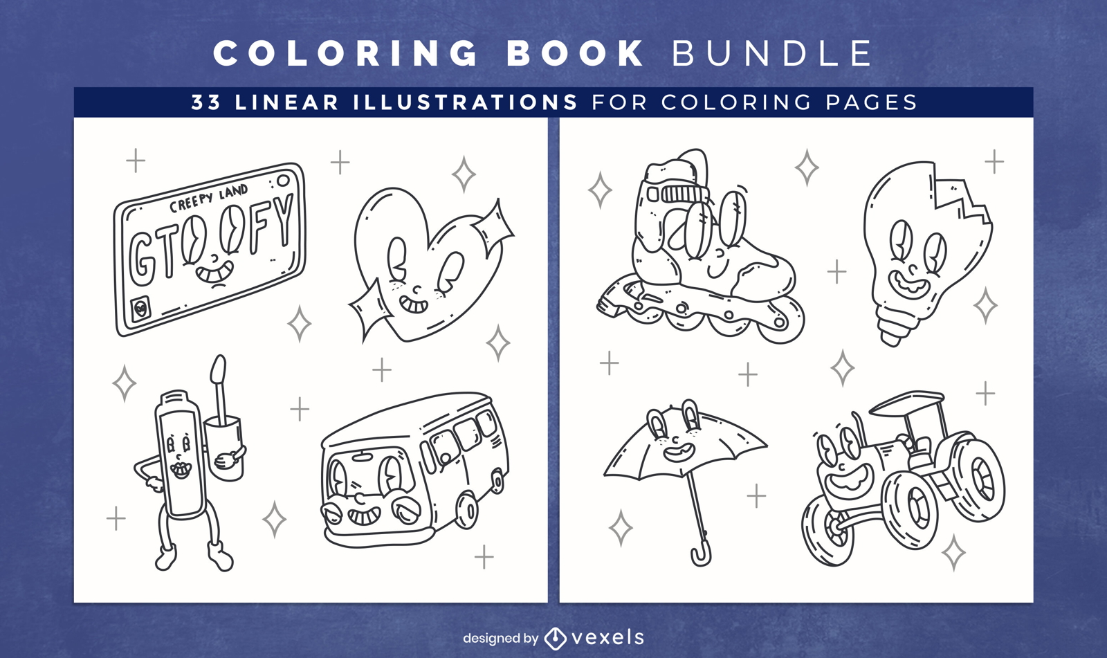 Cartoon elements coloring book design pages