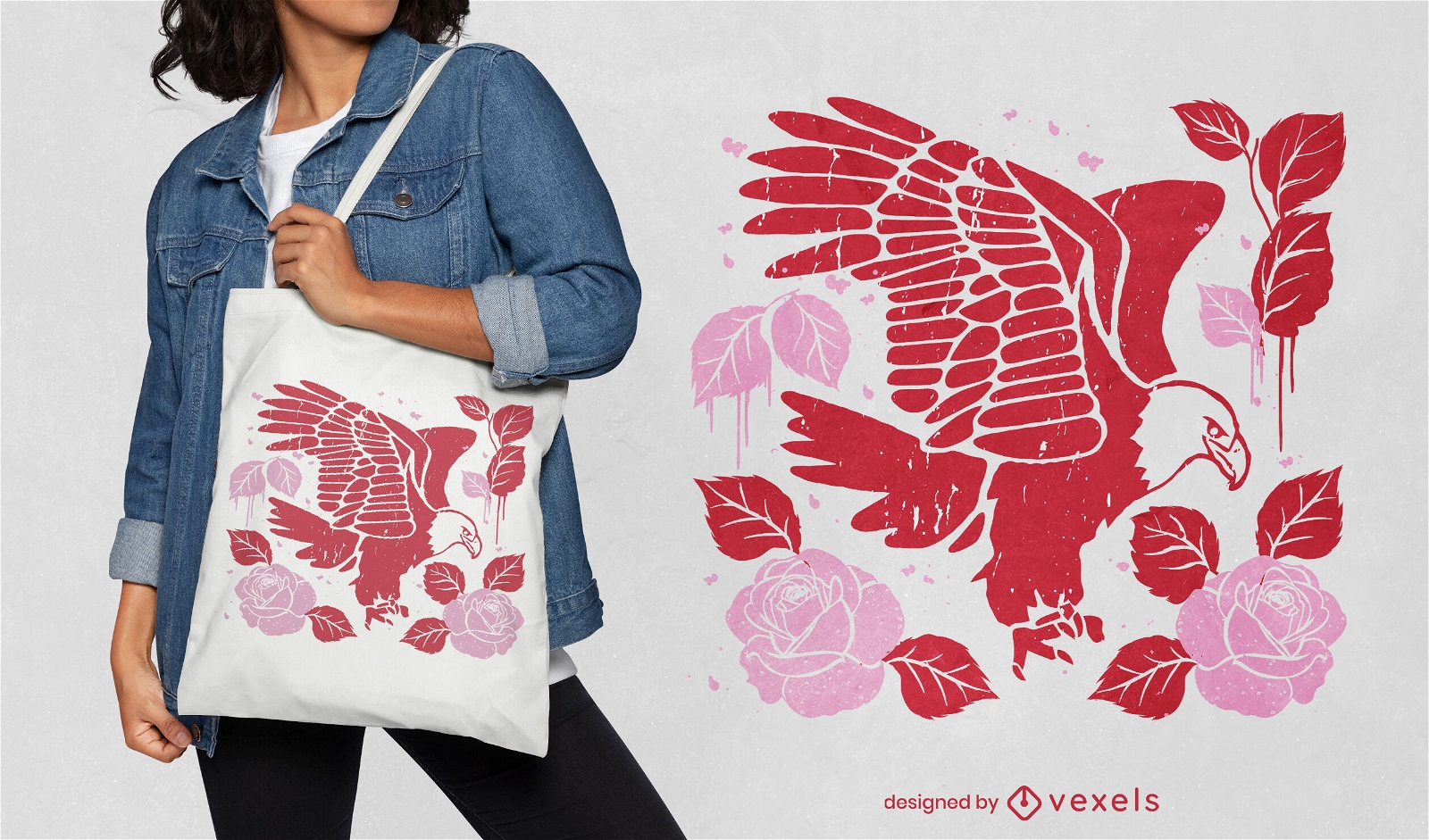 Eagle bird with roses and leaves tote bag design