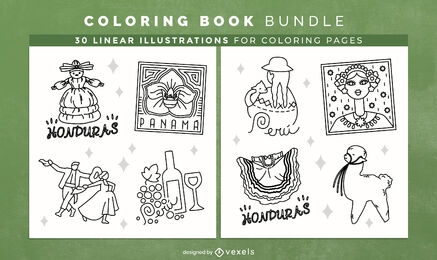 Páginas de design de livro para colorir com traços da América Latina