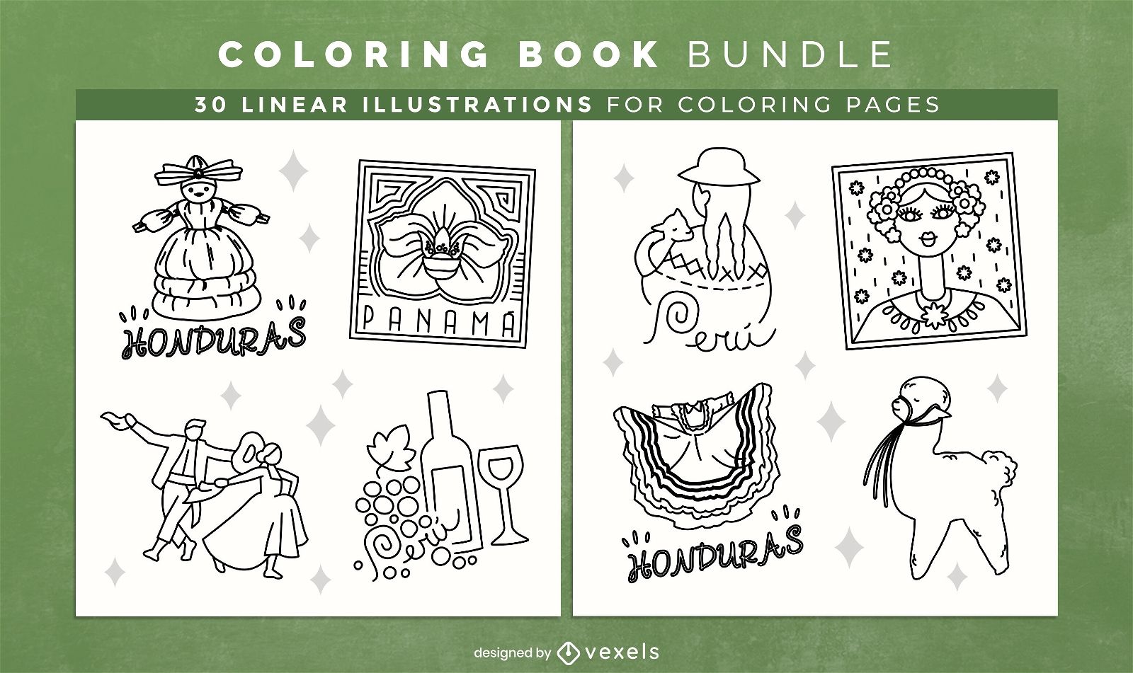 Páginas de diseño de libro para colorear de trazo de América Latina