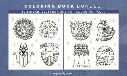 Páginas de design de livros para colorir de países da América Latina