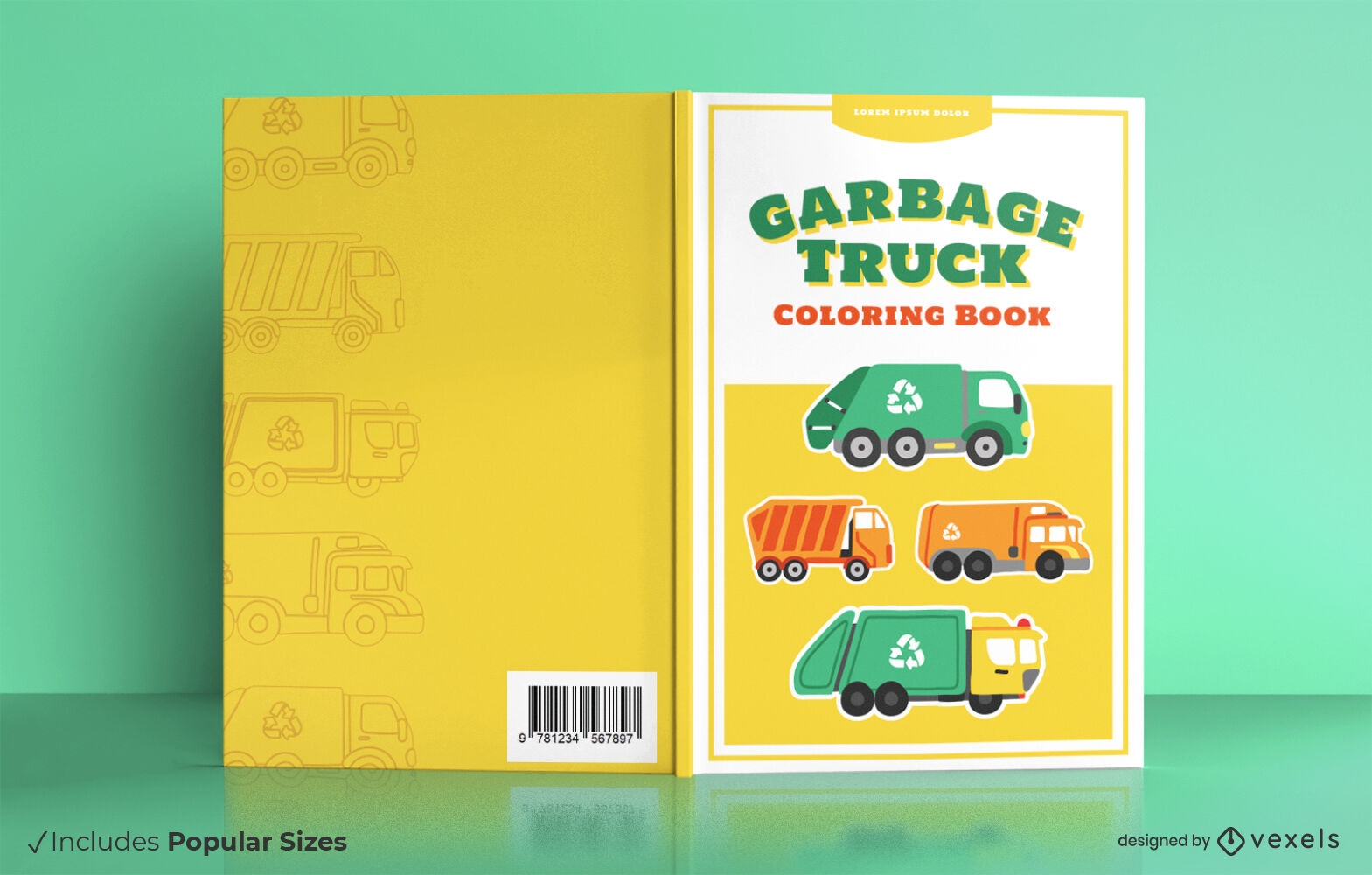 Diseño de portada de libro para colorear de camiones de basura