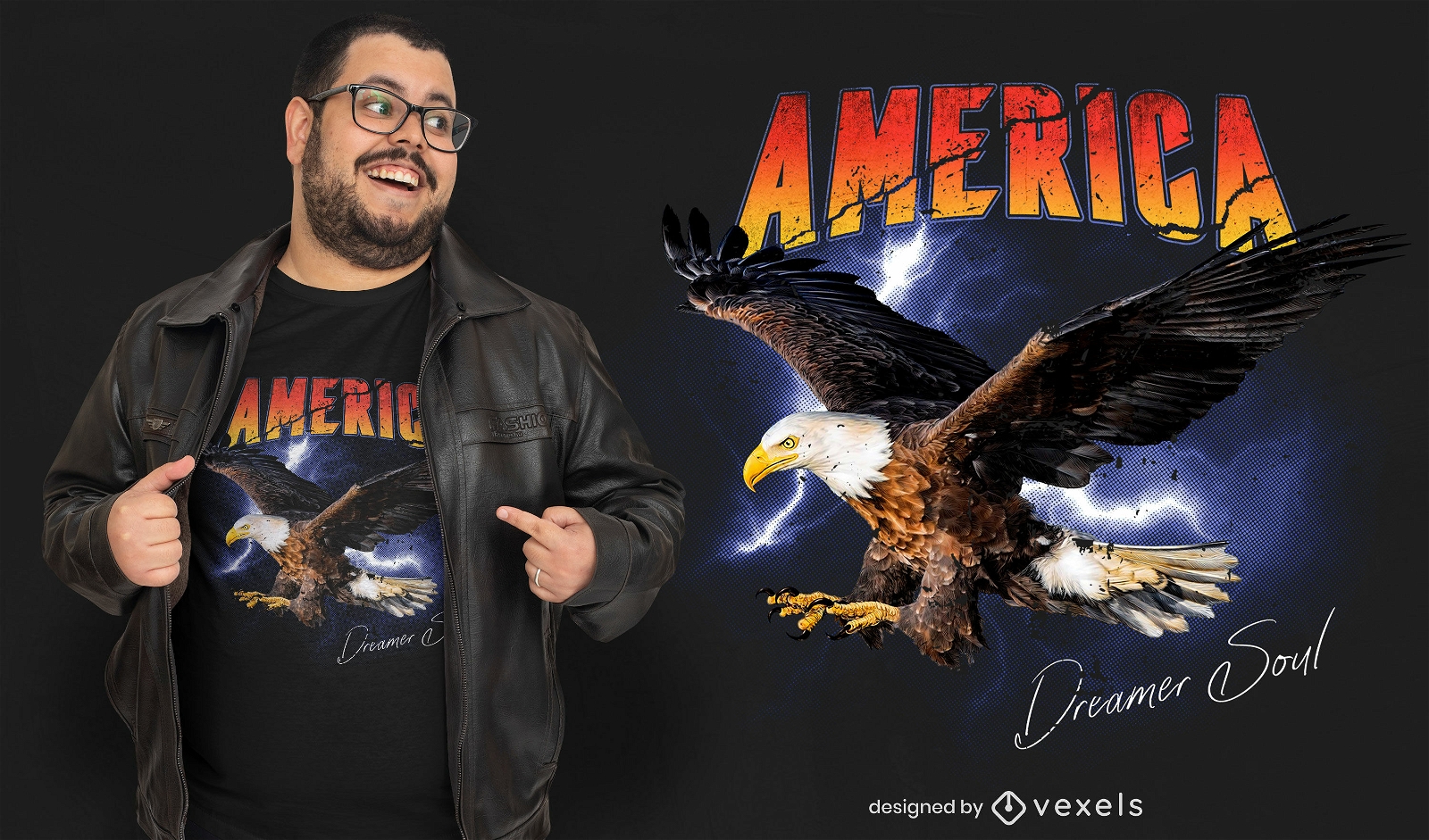 Eagle voando em uma tempestade com trovões camiseta psd