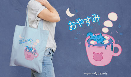 Cat sleeping in hot chocolate tote bag design