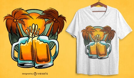 Beer mugs in tropical beach t-shirt psd