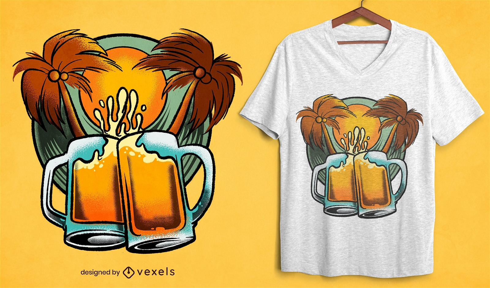 Beer mugs in tropical beach t-shirt psd
