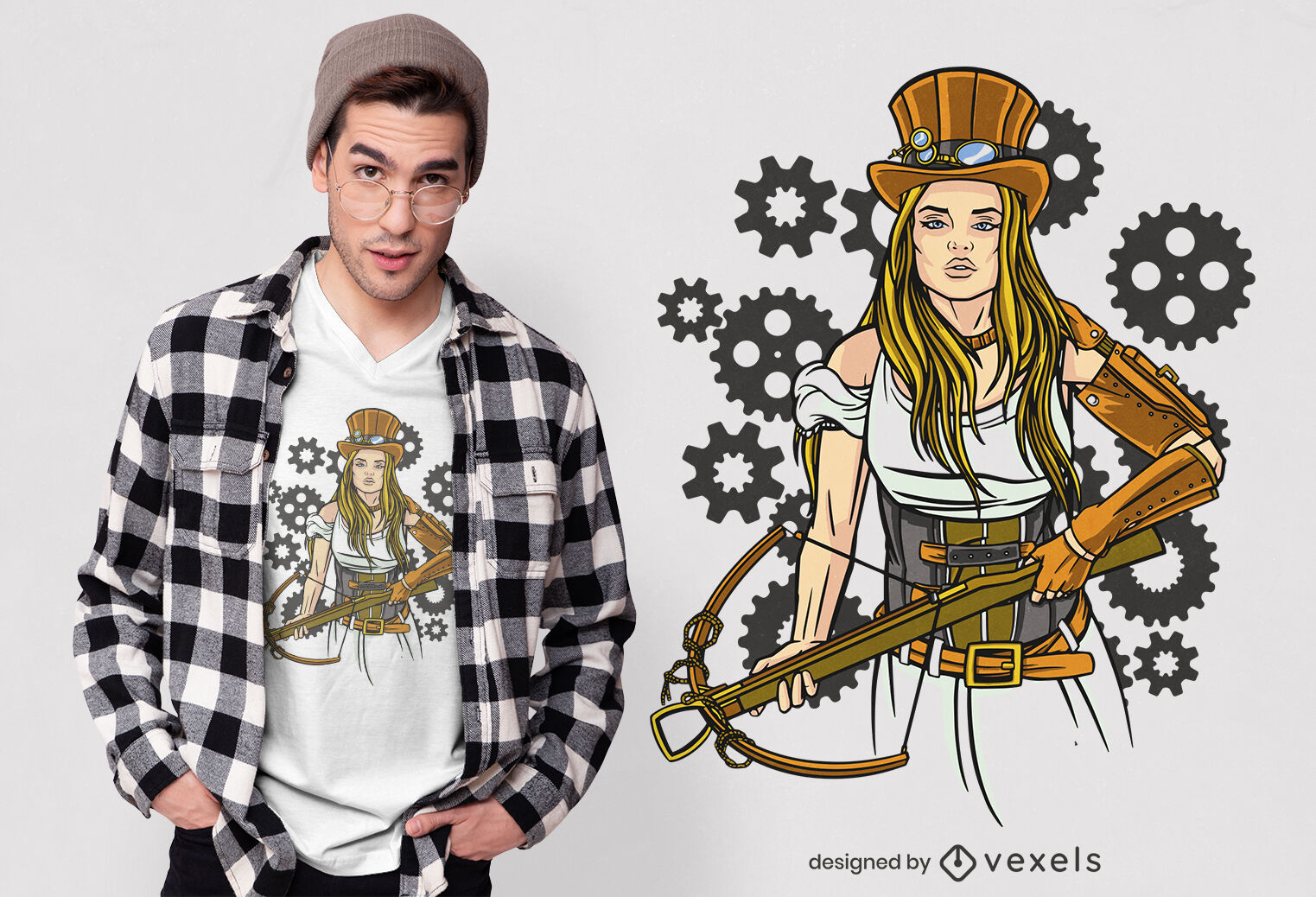 Chica steampunk con diseño de camiseta de ballesta