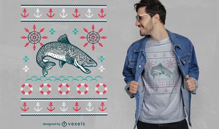 Diseño de camiseta de suéter feo saltando peces