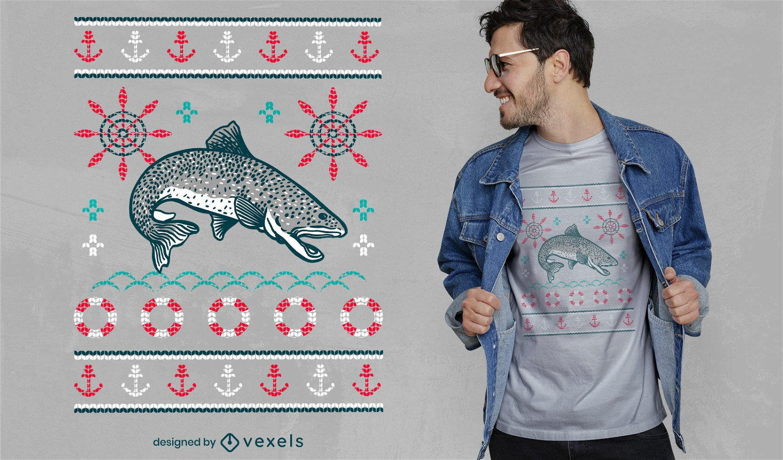 Ugly sweater fish jumping t-shirt design