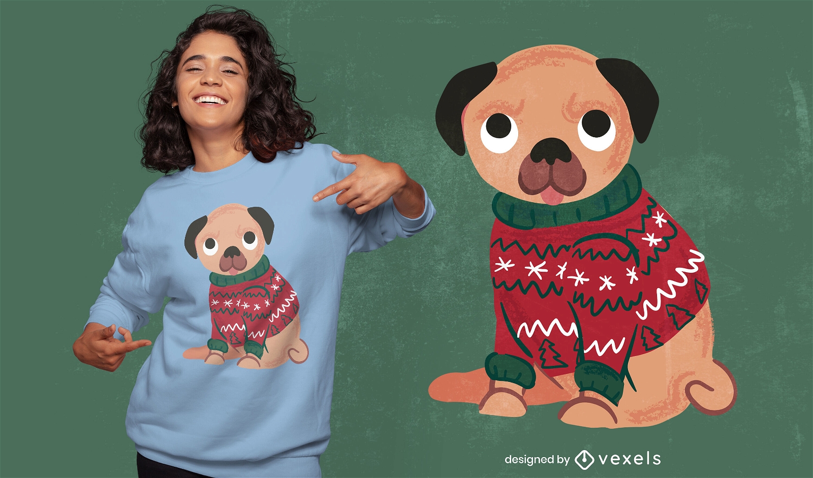 Pug dog wearing Christmas ugly sweater t-shirt design