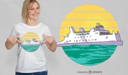 Design retrô de t-shirt do pôr do sol para navio de cruzeiro