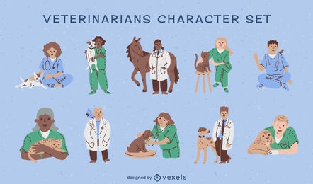 Veterinario con conjunto de caracteres de animales.