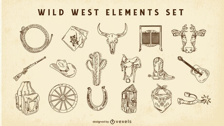 Cowboy wilde Western-Elemente-Stroke-Set