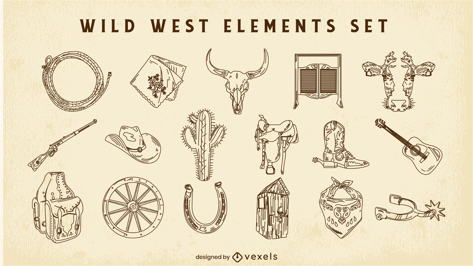Conjunto de trazos de elementos occidentales salvajes de vaquero