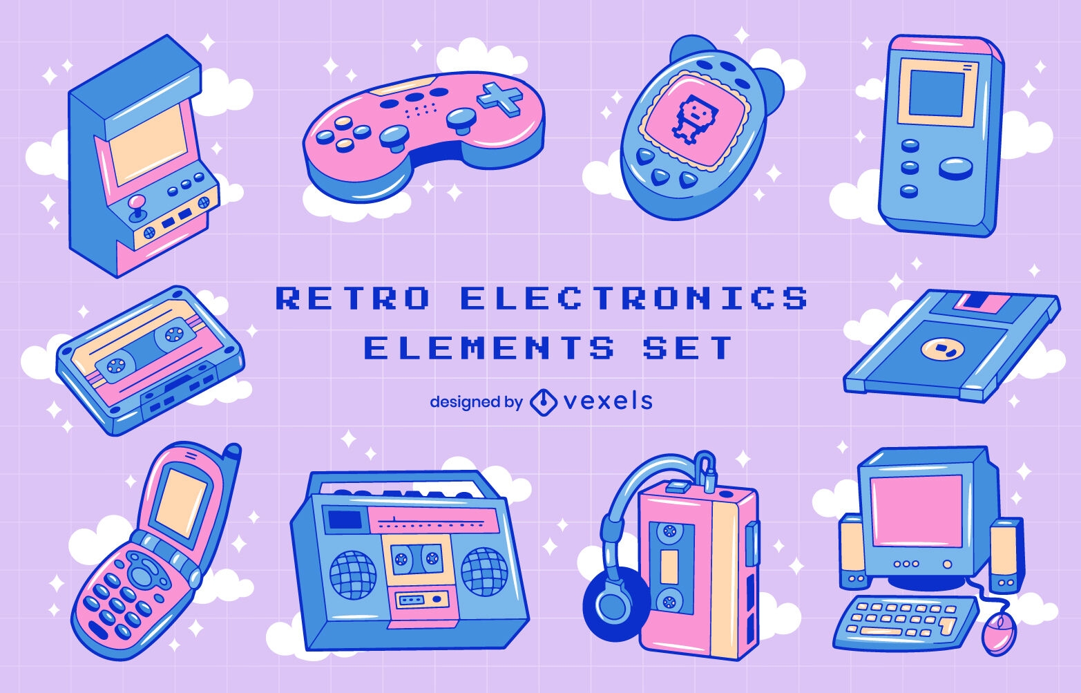 Retro-Elektronik-Technologie-Elemente-Set