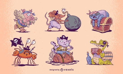 Conjunto de personagens de desenhos animados de animais piratas