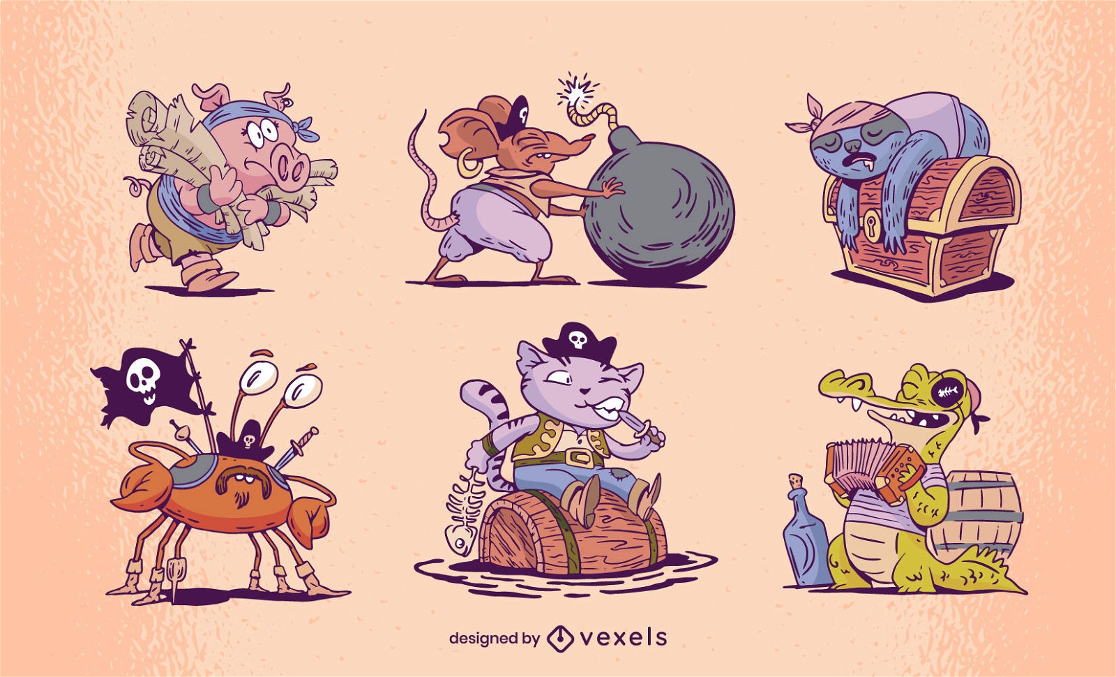 Conjunto de personajes de dibujos animados de animales piratas