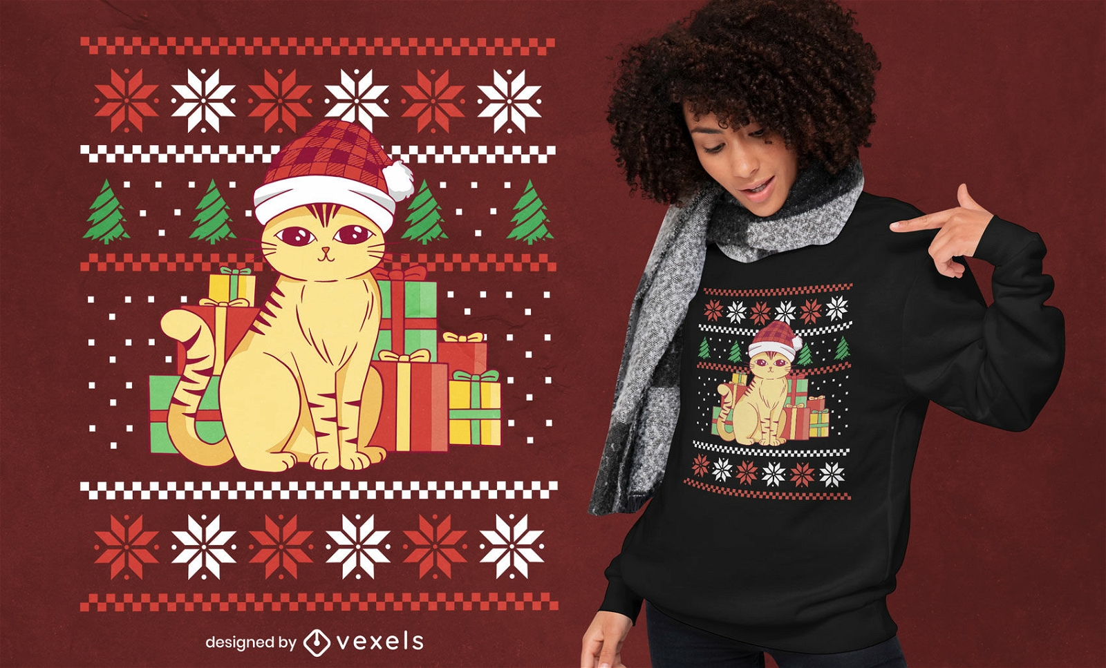 Diseño de camiseta de suéter feo de gato navideño.