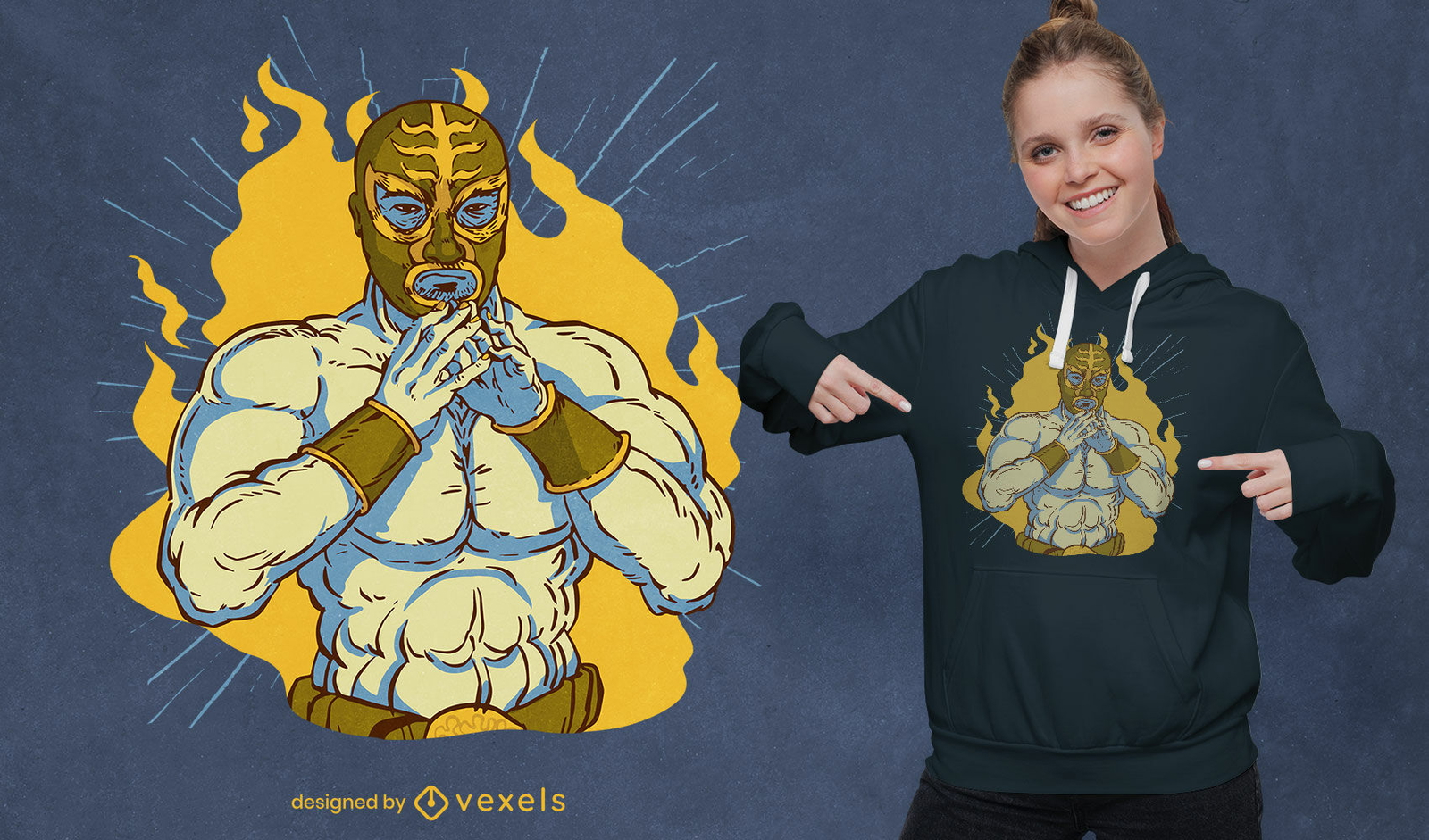 Diseño de camiseta de luchador y fuego.