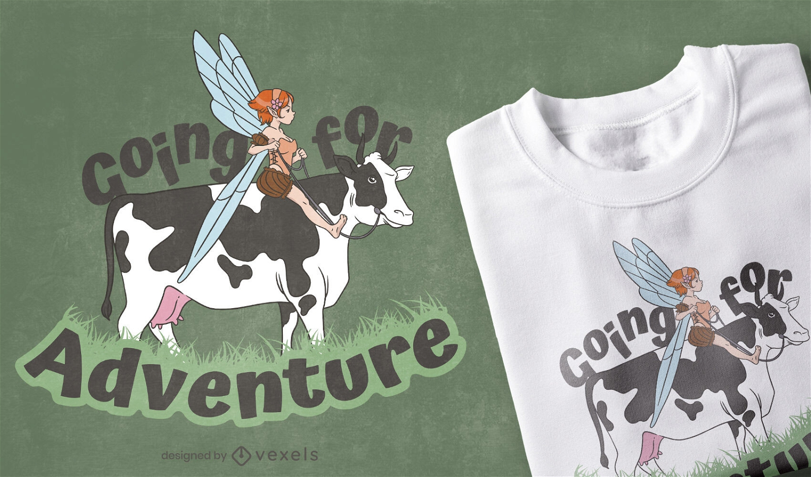 Design de camisetas de aventura de fadas e vacas