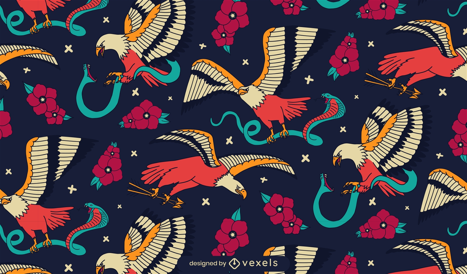 Eagles with snakes and flowers pattern design
