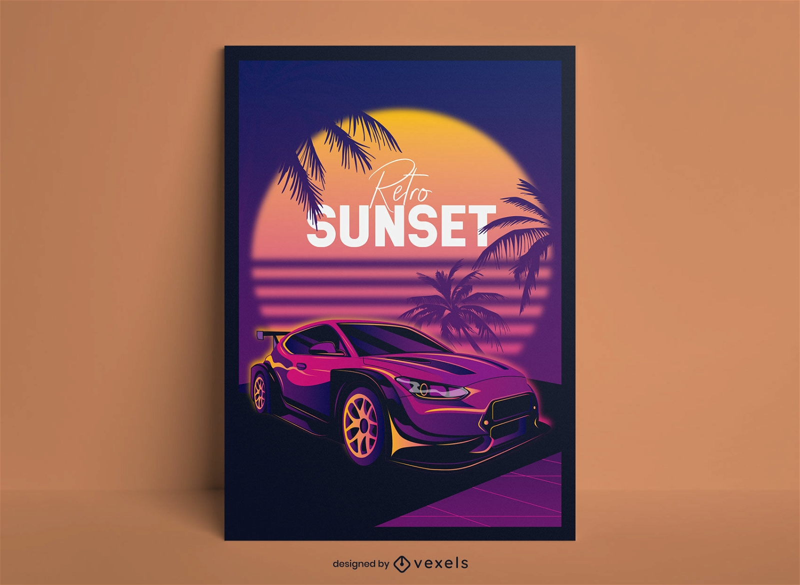 Plantilla de cartel de coche deportivo en puesta de sol