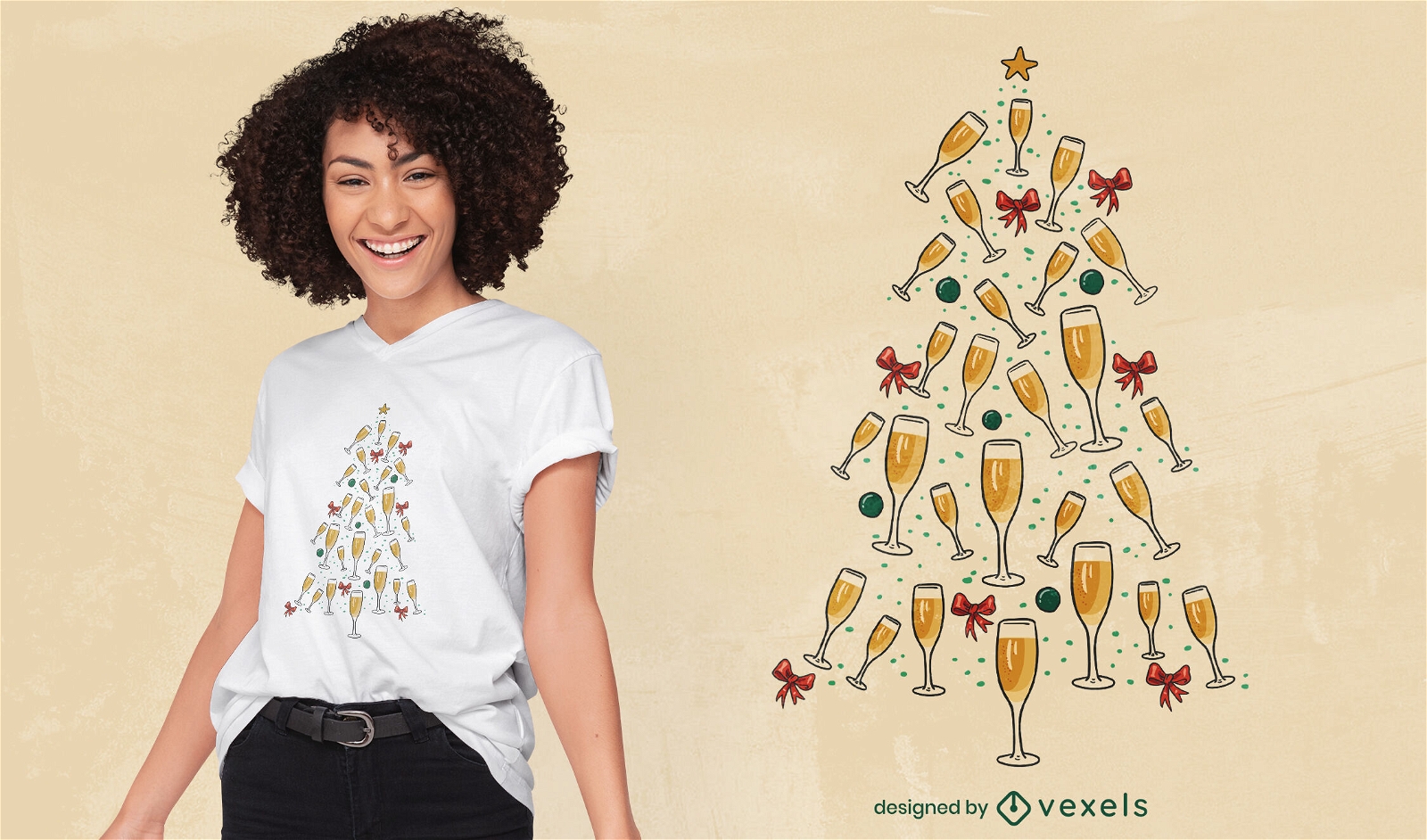 Árbol de Navidad con diseño de camiseta de champán.